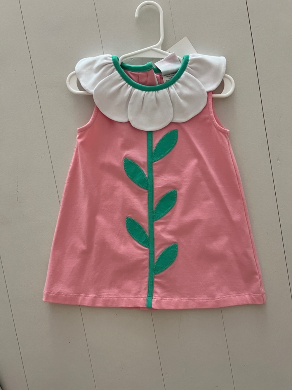 Girls' Pink Floral Appliqué Cotton Dress with White Petal Collar